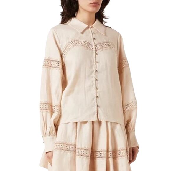 Keepsake Linen Lace Button-Up Blouse XS Tan Long Sleeve Resort NWT - Picture 1 of 7